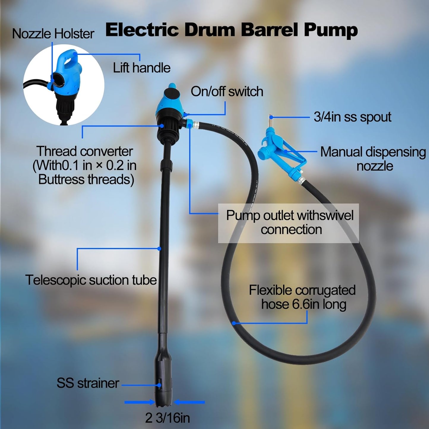 Electric Drum Pump 120V AC,12V DC, 5 GPM flow fuel, diesel, water, antifreeze, 6.6ft hose, 2-inch bung adapter