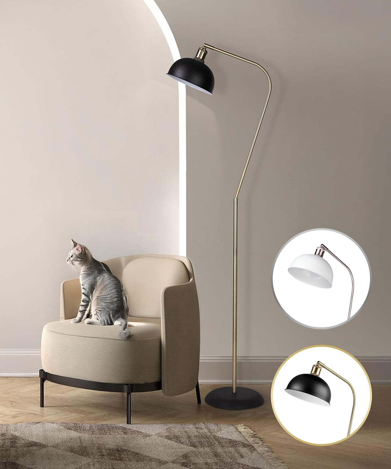 Halo Brass Floor Reading Lamp with Solid Base, for Living Room, Bedside Table or Over Chair Use, Black