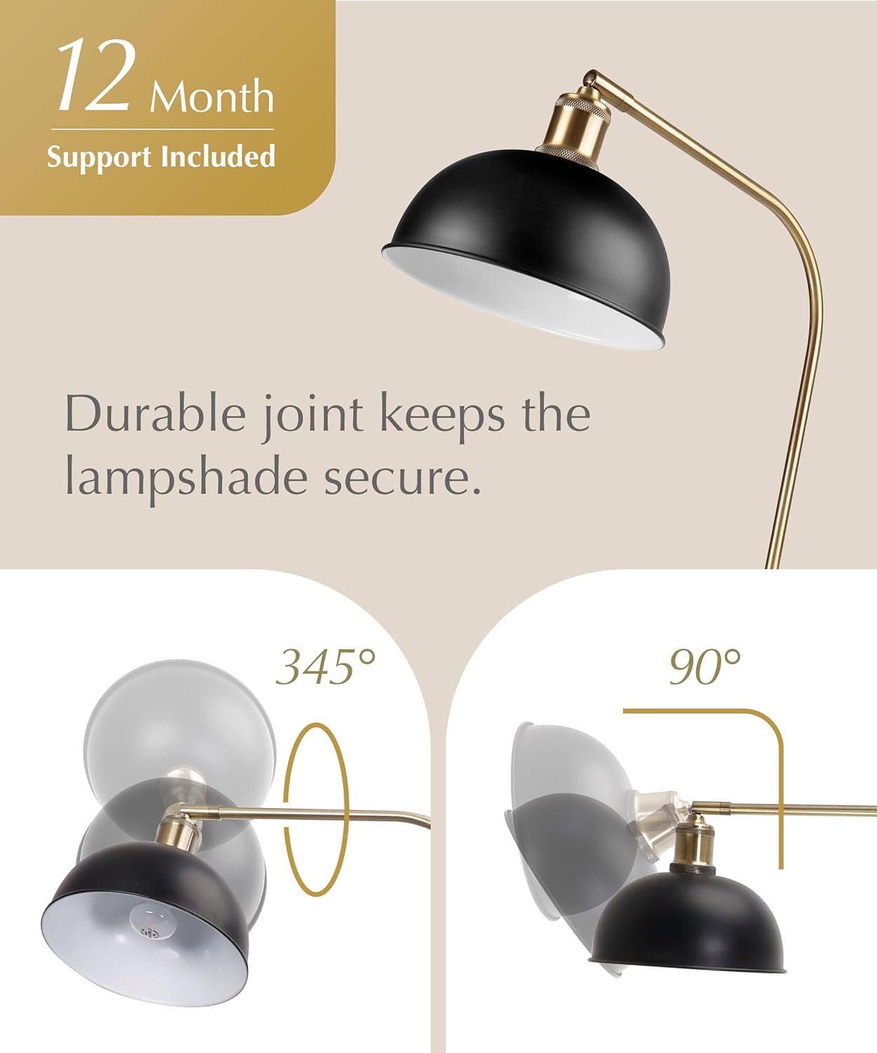 Halo Brass Floor Reading Lamp with Solid Base, for Living Room, Bedside Table or Over Chair Use, Black