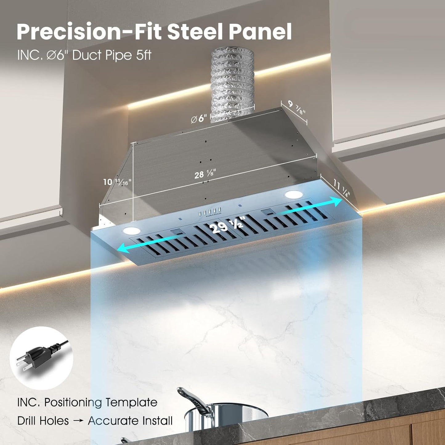 Range Hood 30 Inch Insert,  620CFM Built-in,  with TRUE-COLOR 5500K LED, Complete Exhaust Kit, Convertible