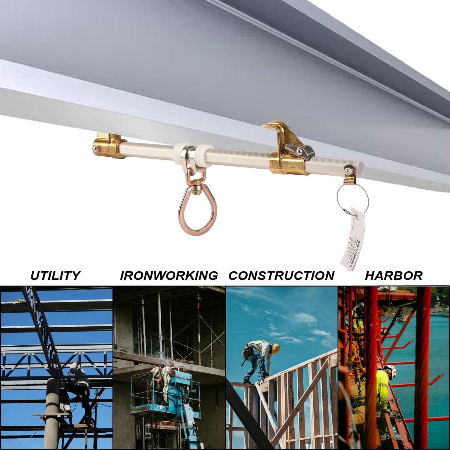 Horizontal Sliding Beam Anchor Fits 3.5' to 14' Beams, ANSI & OSHA Compliant Fall Protection Positioning Equipment