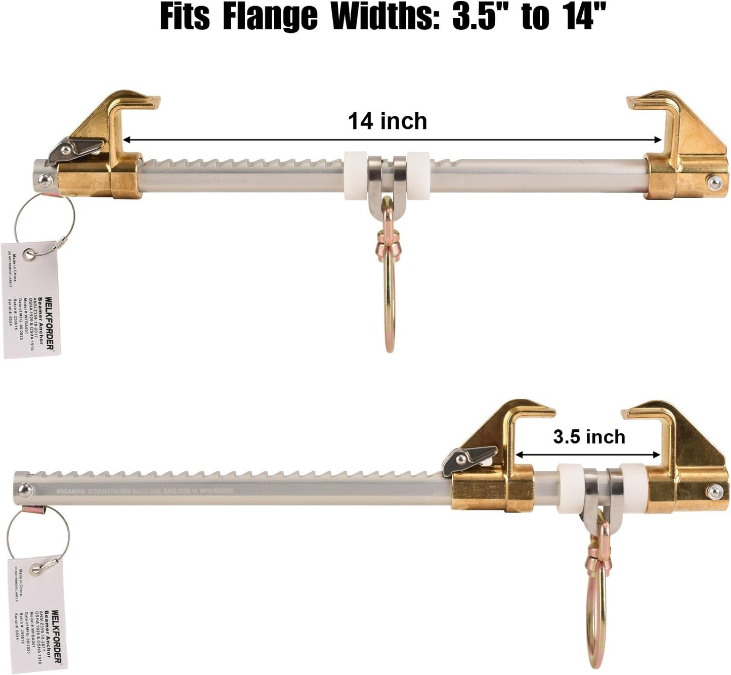 Horizontal Sliding Beam Anchor Fits 3.5' to 14' Beams, ANSI & OSHA Compliant Fall Protection Positioning Equipment