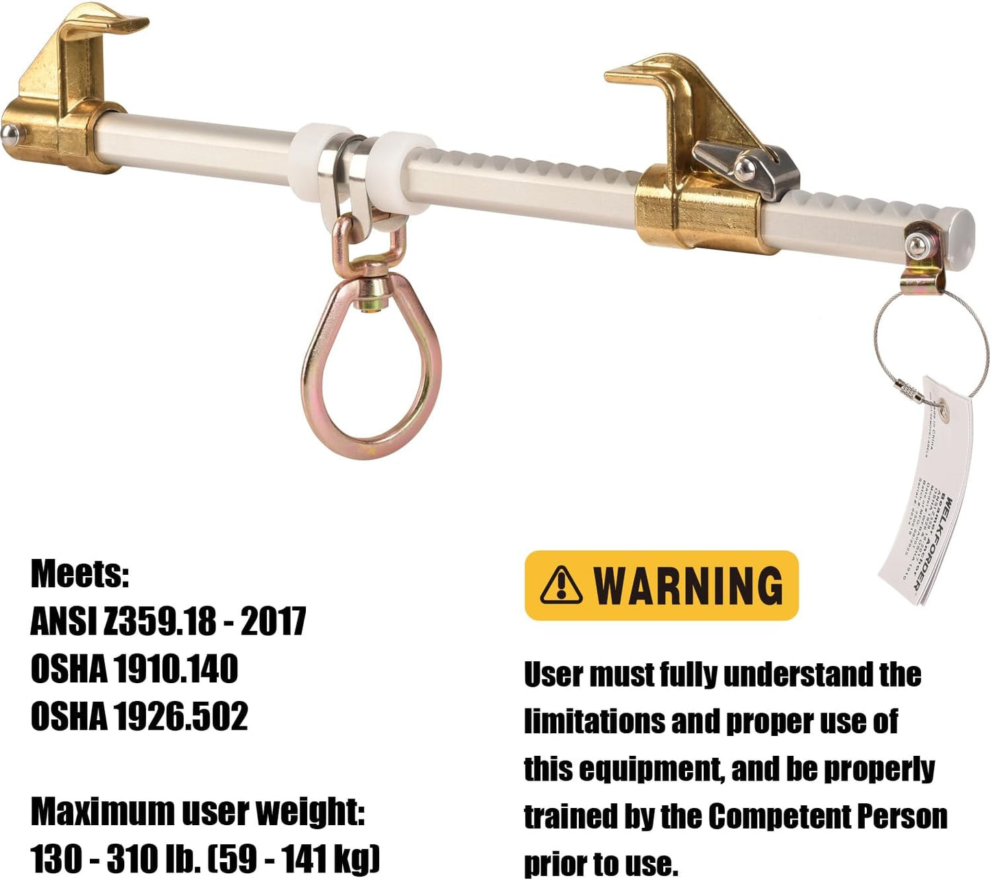 Horizontal Sliding Beam Anchor Fits 3.5' to 14' Beams, ANSI & OSHA Compliant Fall Protection Positioning Equipment