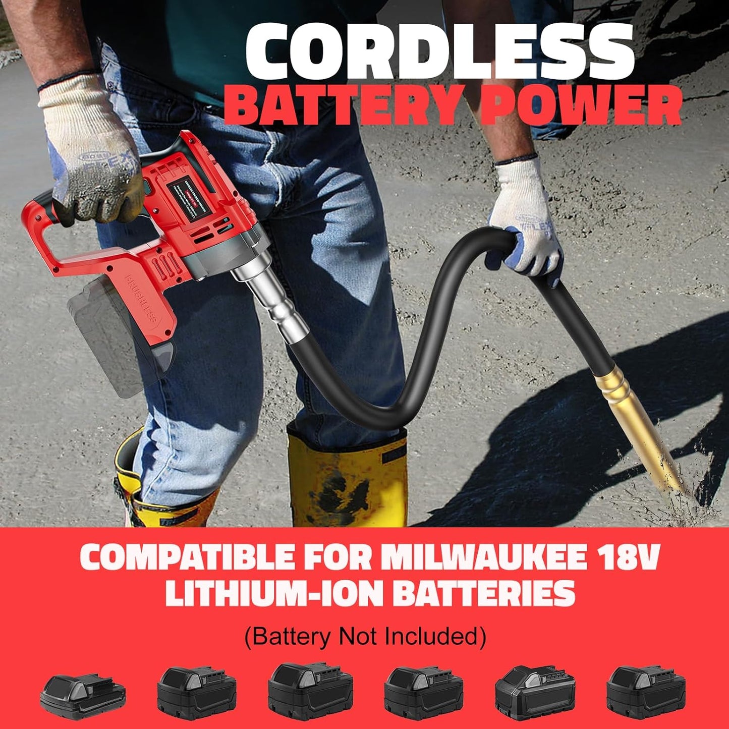 Handheld Concrete Vibrating Tool Compatible w/ Milwaukee 18V Battery (No Battery), 600W, w/ 3.8ft Shaft Rod,