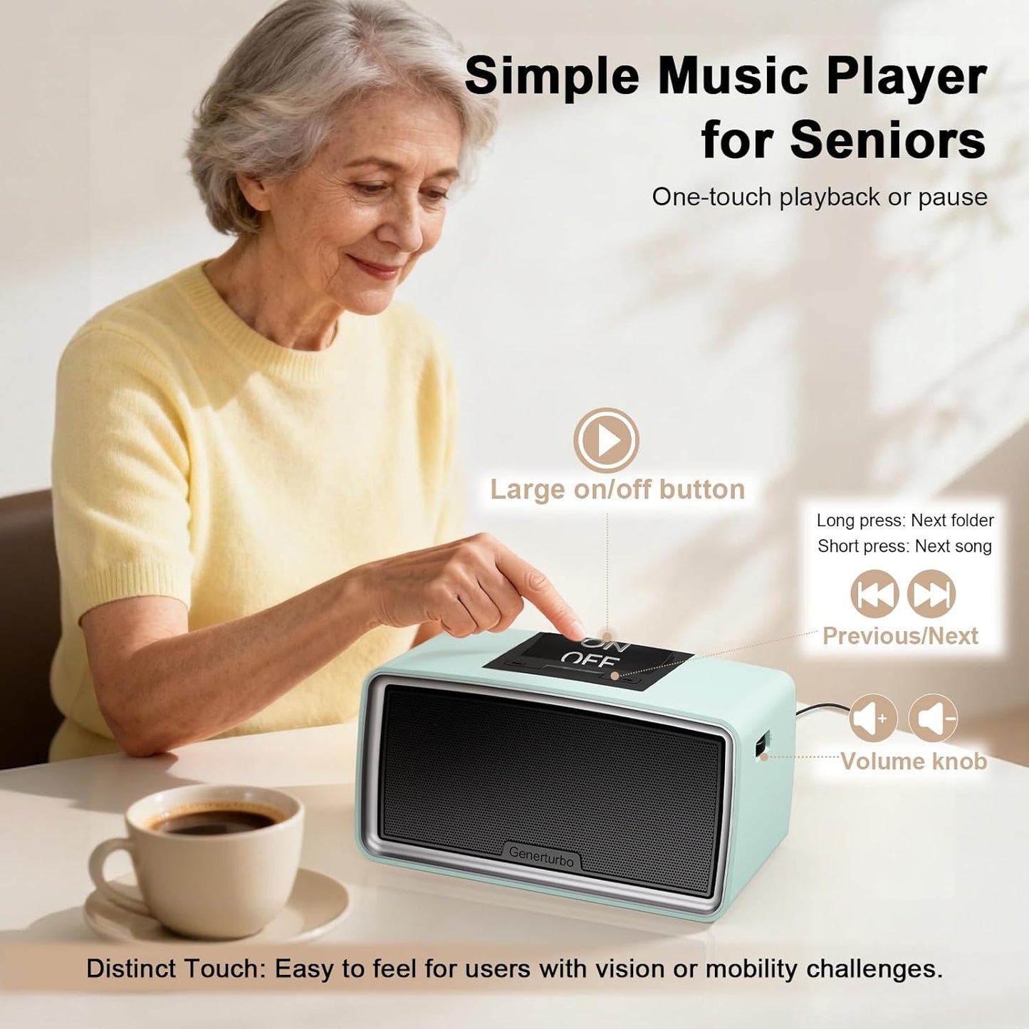 Large Button Simple Music Player for Seniors Elderly, One-Touch Play,  Audio Book Player with 32GB TF Card