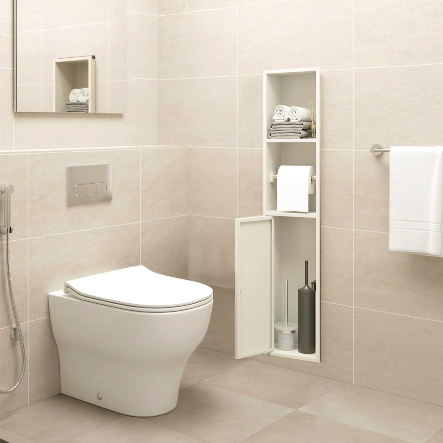 Recessed Toilet Paper Holder Brushed Nickel with 3 Storage White Stainless Steel, for Toiletries Toilet Brush, Paper Holder