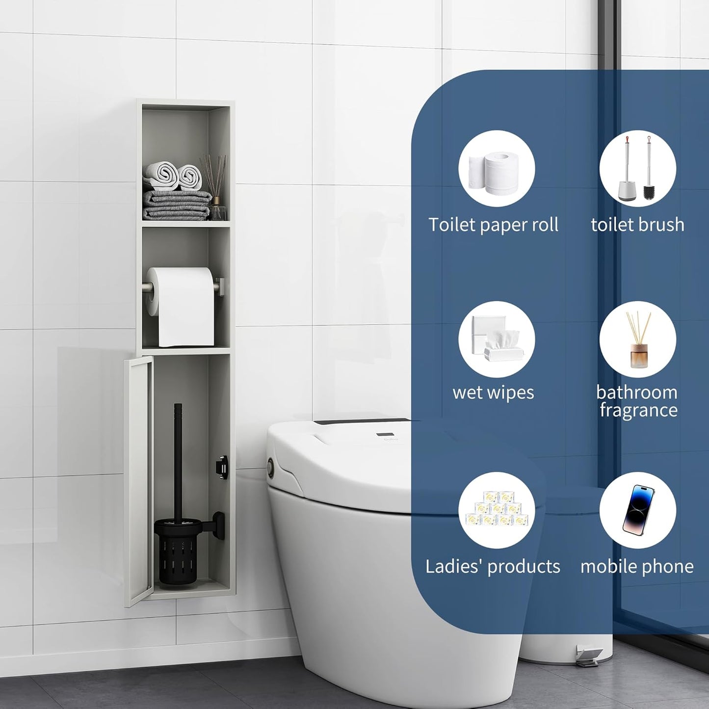 Recessed Toilet Paper Holder Brushed Nickel with 3 Storage White Stainless Steel, for Toiletries Toilet Brush, Paper Holder