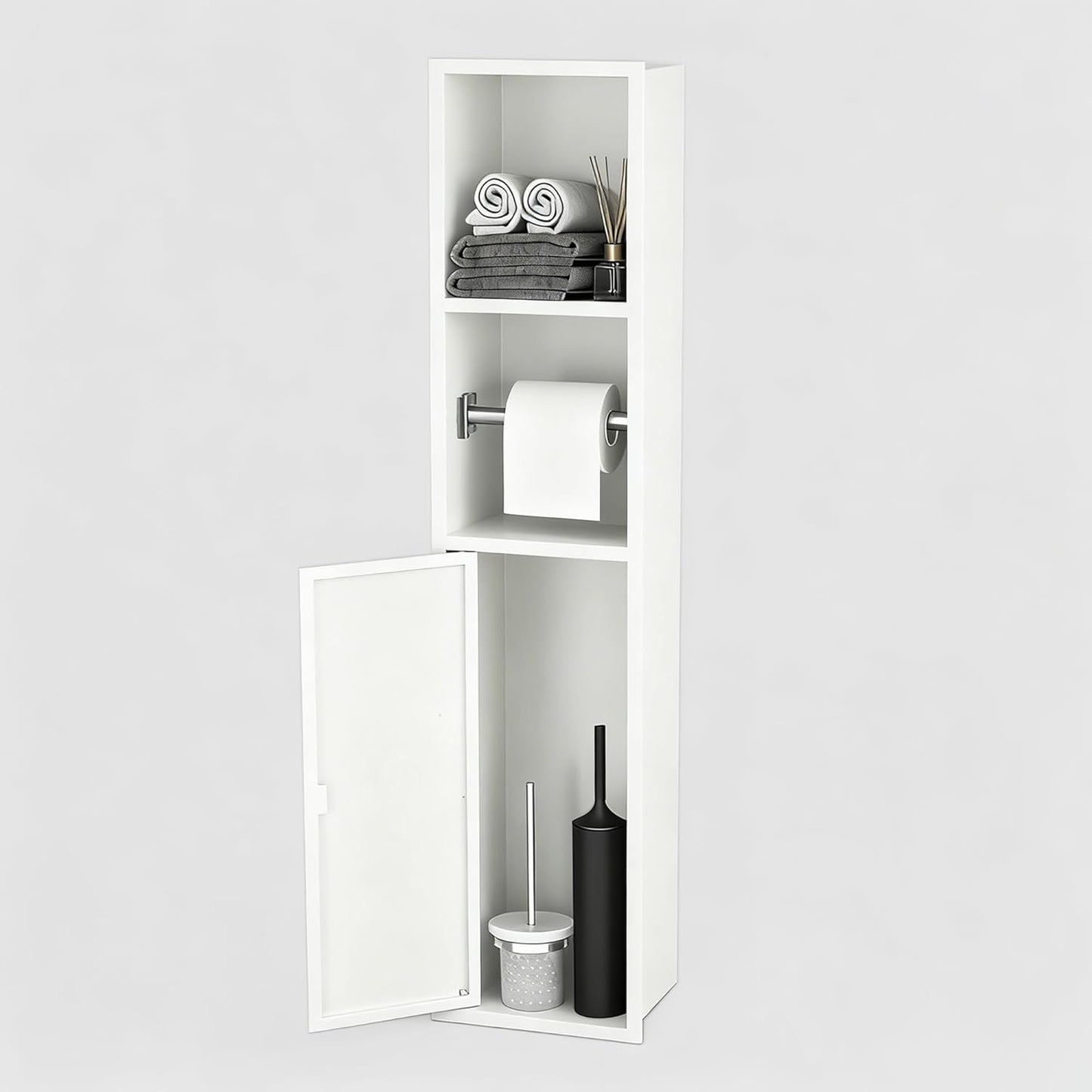 Recessed Toilet Paper Holder Brushed Nickel with 3 Storage White Stainless Steel, for Toiletries Toilet Brush, Paper Holder