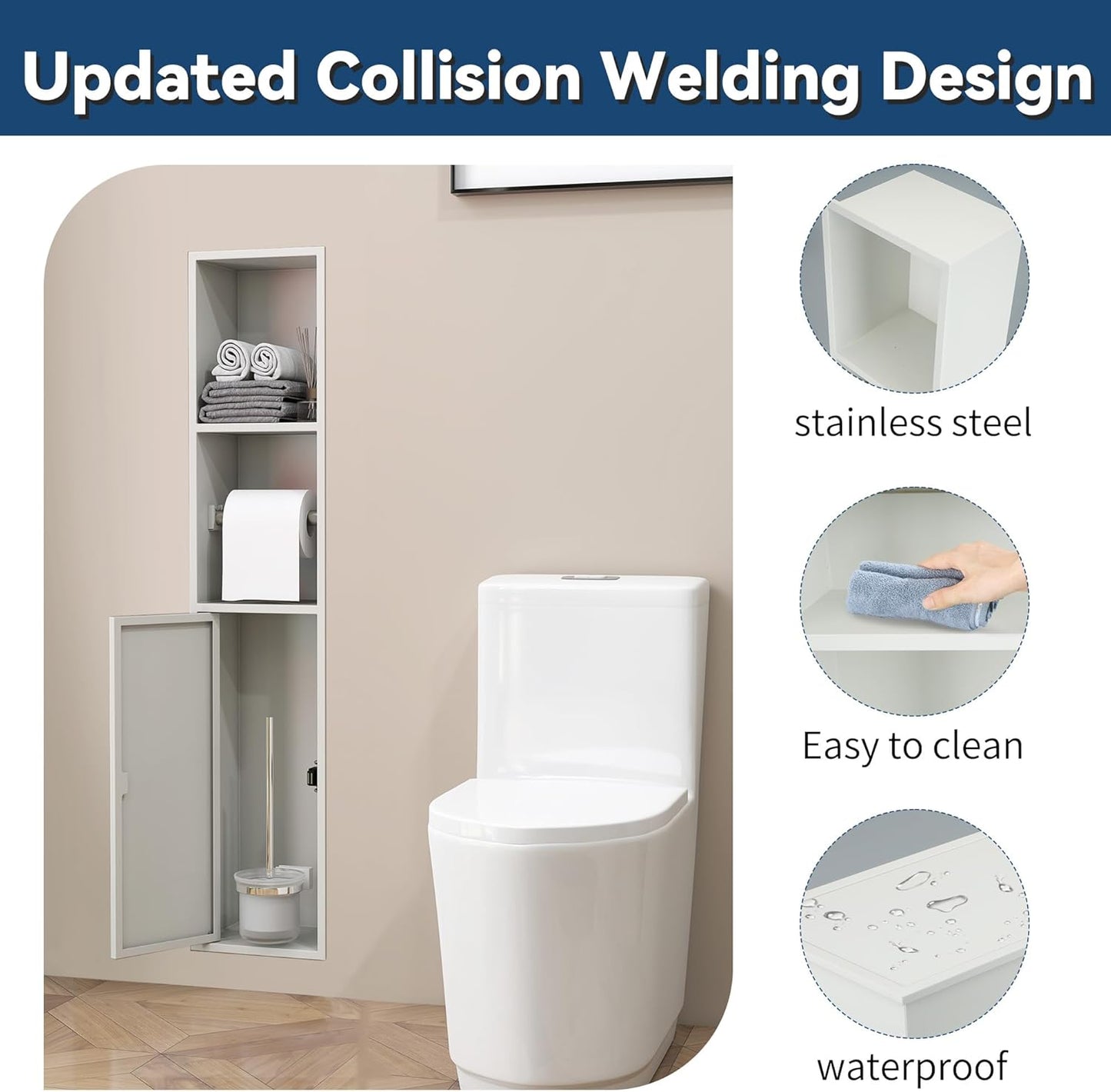 Recessed Toilet Paper Holder Brushed Nickel with 3 Storage White Stainless Steel, for Toiletries Toilet Brush, Paper Holder