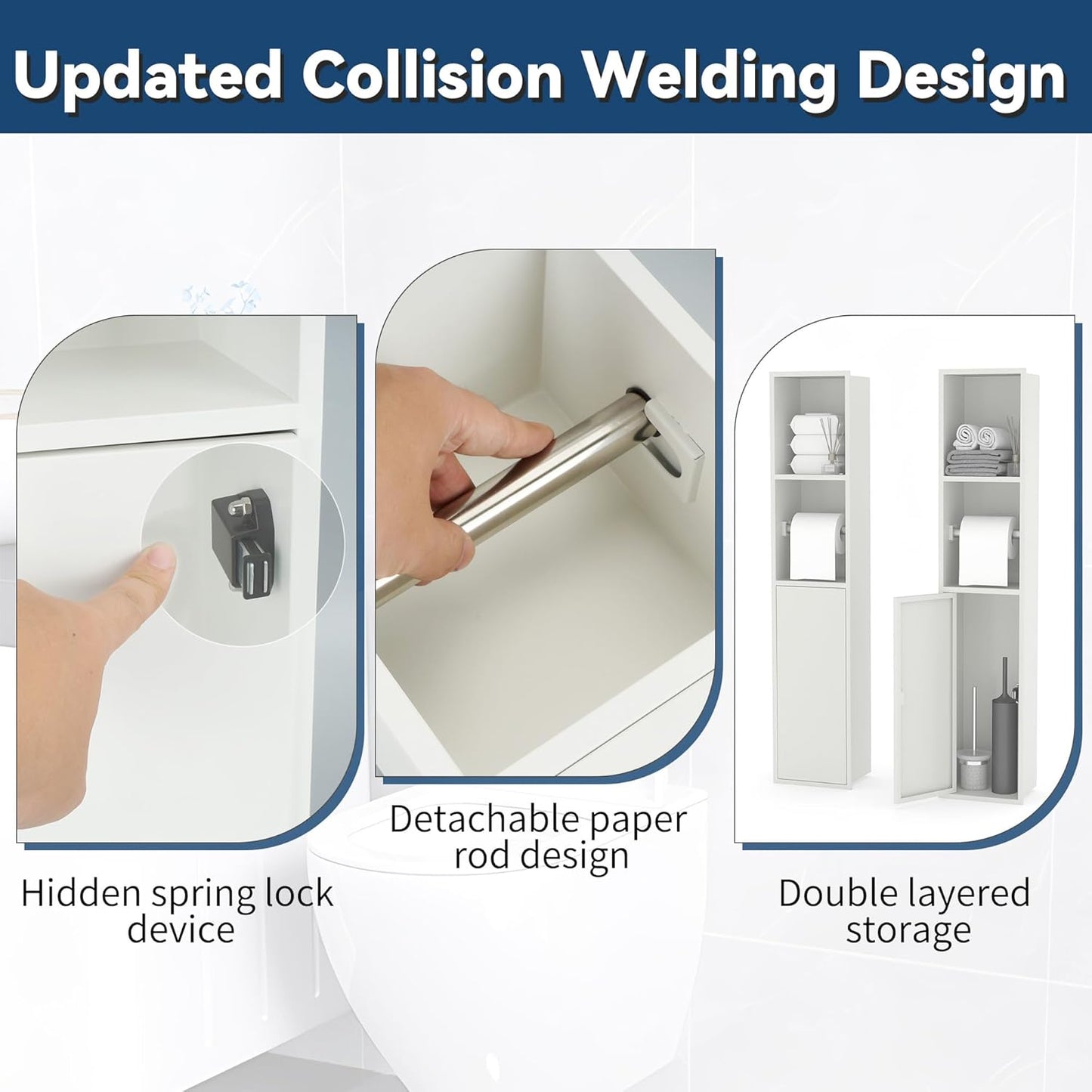 Recessed Toilet Paper Holder Brushed Nickel with 3 Storage White Stainless Steel, for Toiletries Toilet Brush, Paper Holder