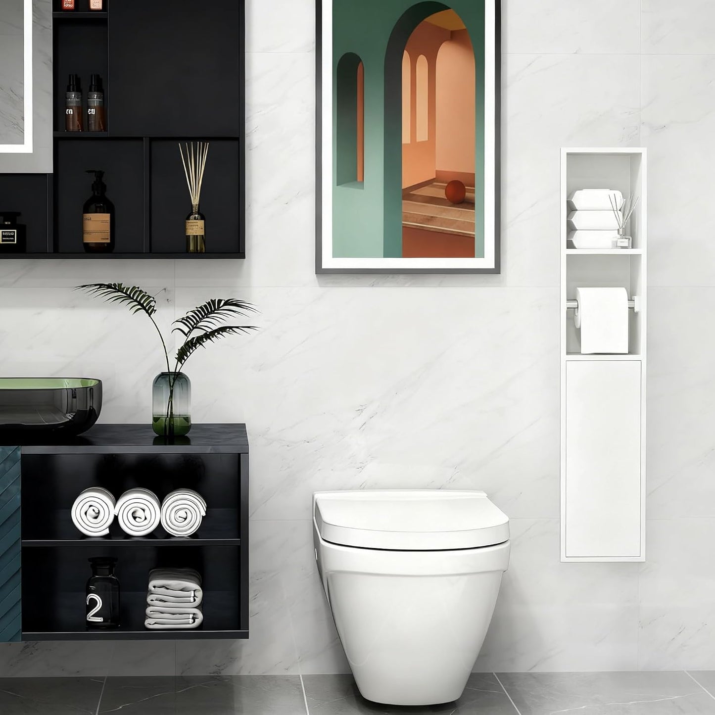 Recessed Toilet Paper Holder Brushed Nickel with 3 Storage White Stainless Steel, for Toiletries Toilet Brush, Paper Holder