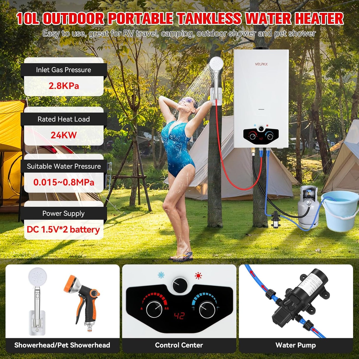 Tankless Water Heater Propane,2.64GPM 10L Outdoor, with 2 GPM Water Pump, Digital Display Multi-Protection