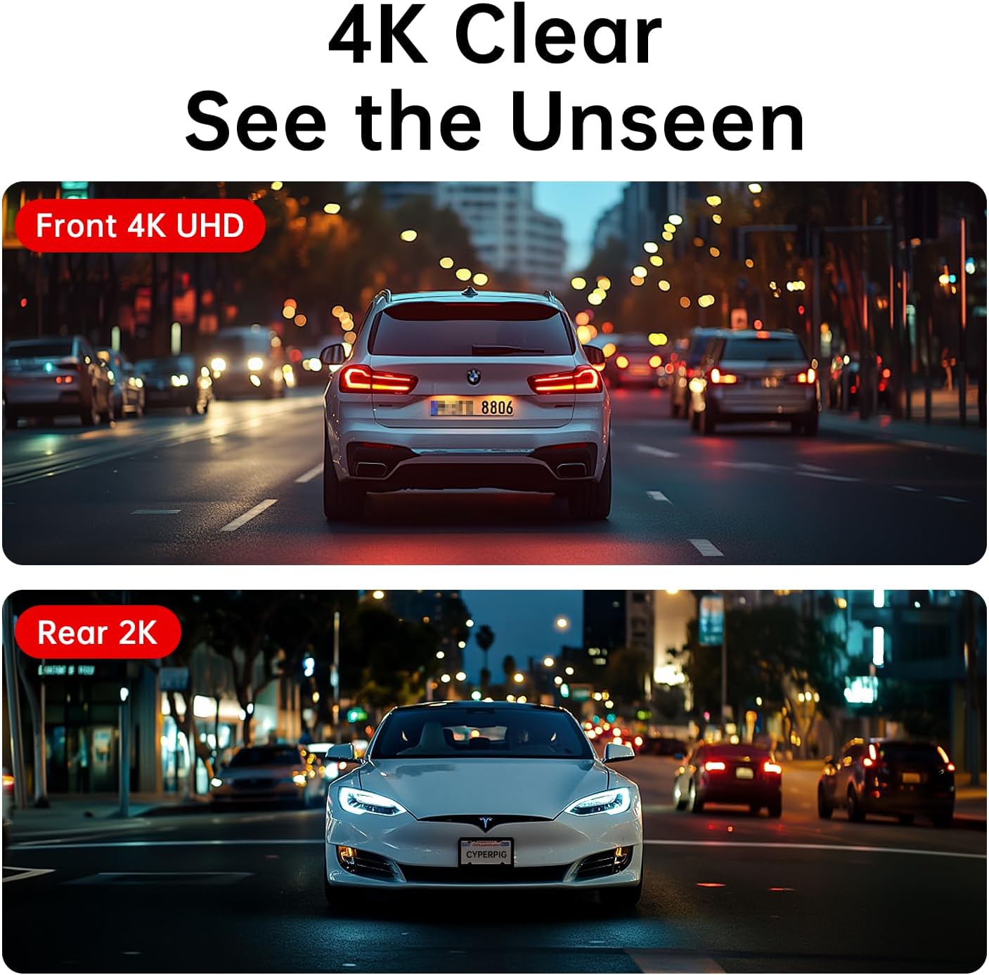 Dash Cam Front Rear, 4K/2K Full HD Dash Camera for Cars, Included 64GB Card, Night Vision, Wide Angle, Parking Mode