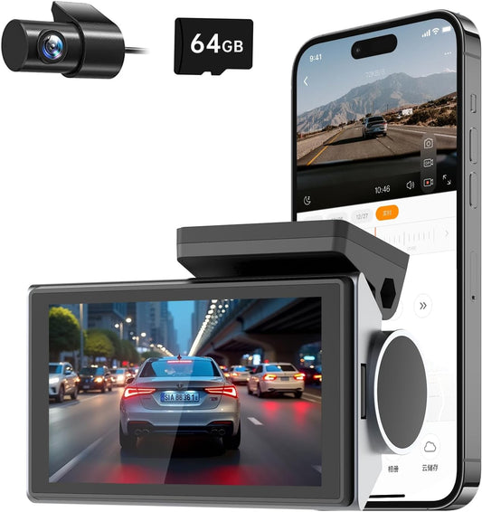 Dash Cam Front Rear, 4K/2K Full HD Dash Camera for Cars, Included 64GB Card, Night Vision, Wide Angle, Parking Mode