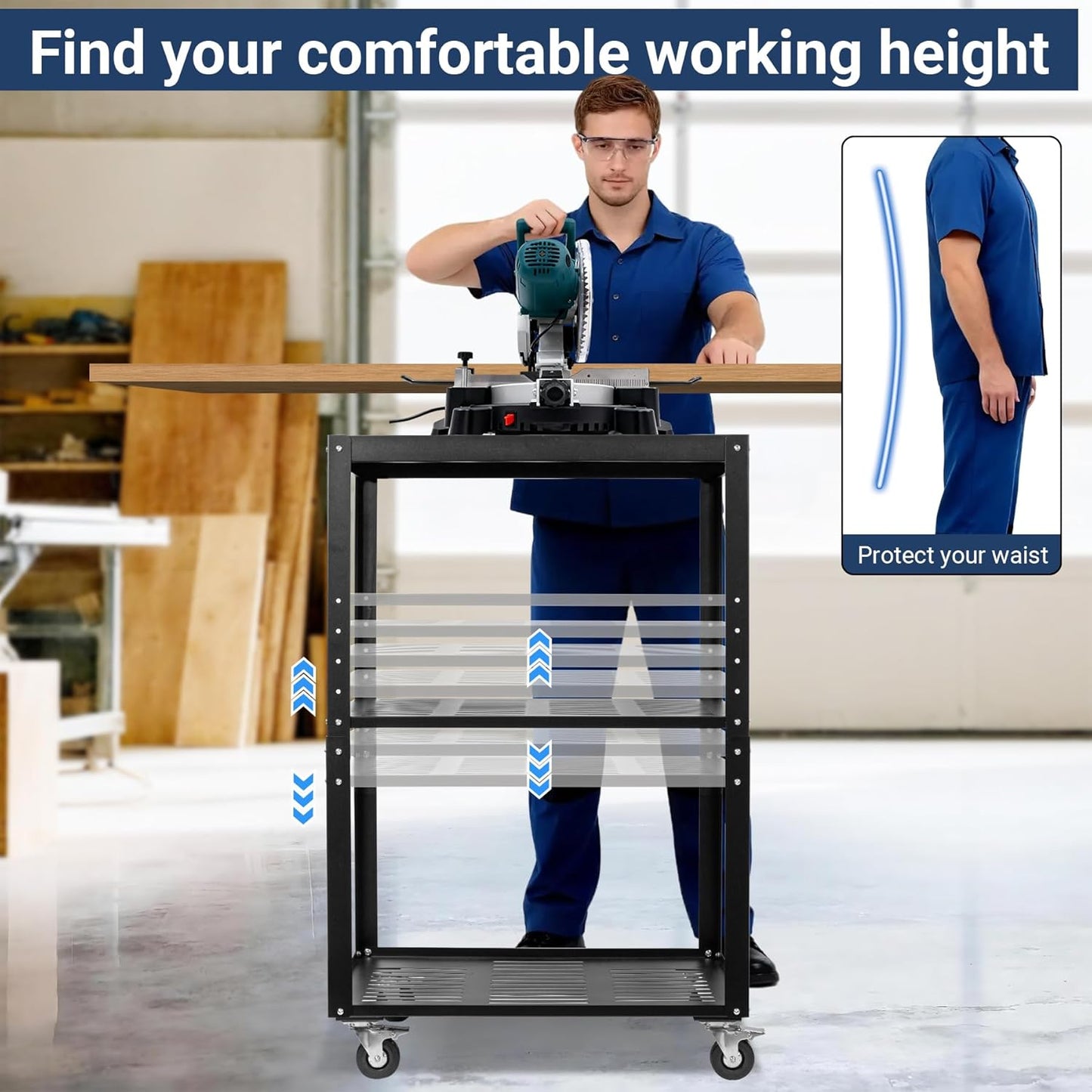 Planer Stand, 27.6' x 24' Tabletop, 31'- 44.7' Height Adjustable, 500 LBS Capacity, 4  Casters, Storage Space