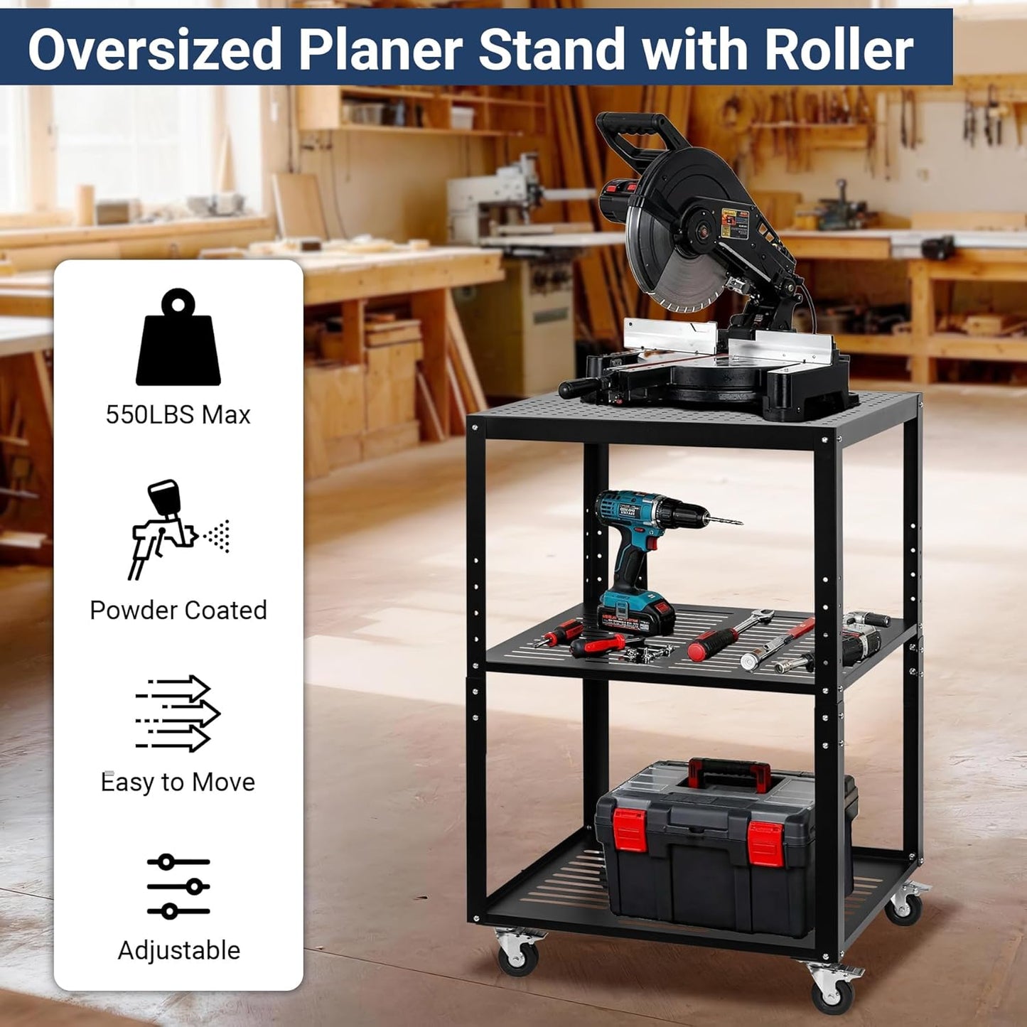 Planer Stand, 27.6' x 24' Tabletop, 31'- 44.7' Height Adjustable, 500 LBS Capacity, 4  Casters, Storage Space