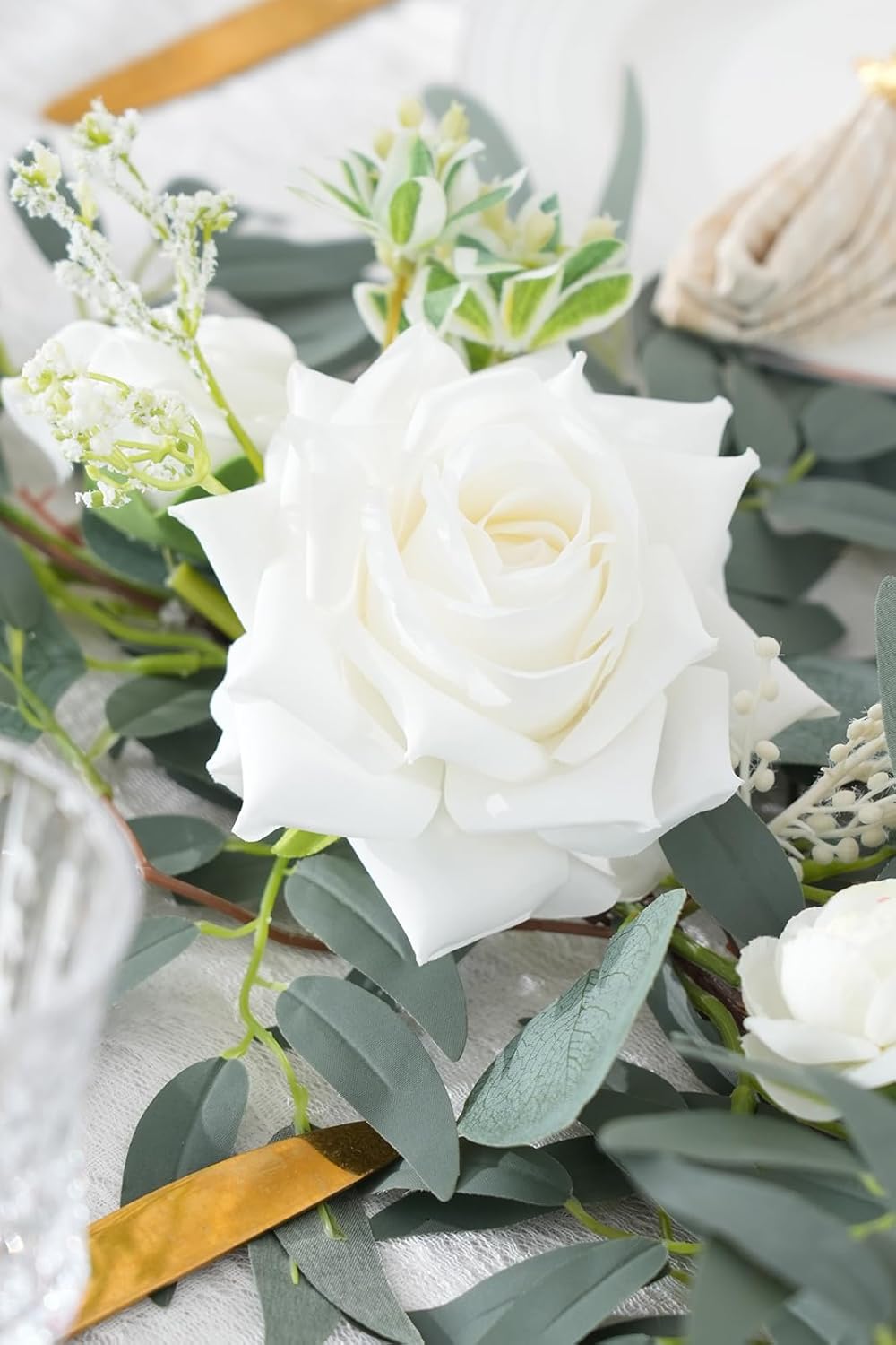 Spring Artificial Flower 7ft Garland, Wedding Arch Backdrop Floral Arrangement, (White)