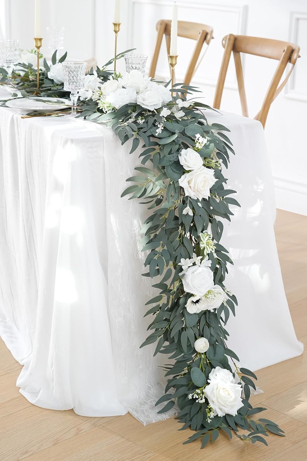Spring Artificial Flower 7ft Garland, Wedding Arch Backdrop Floral Arrangement, (White)