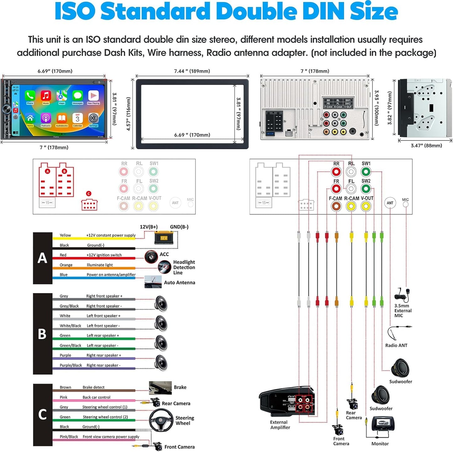 Double Din Car Stereo with Bluetooth, 240W 4.2CHN, 7' Touchscreen, SWC Car Radio