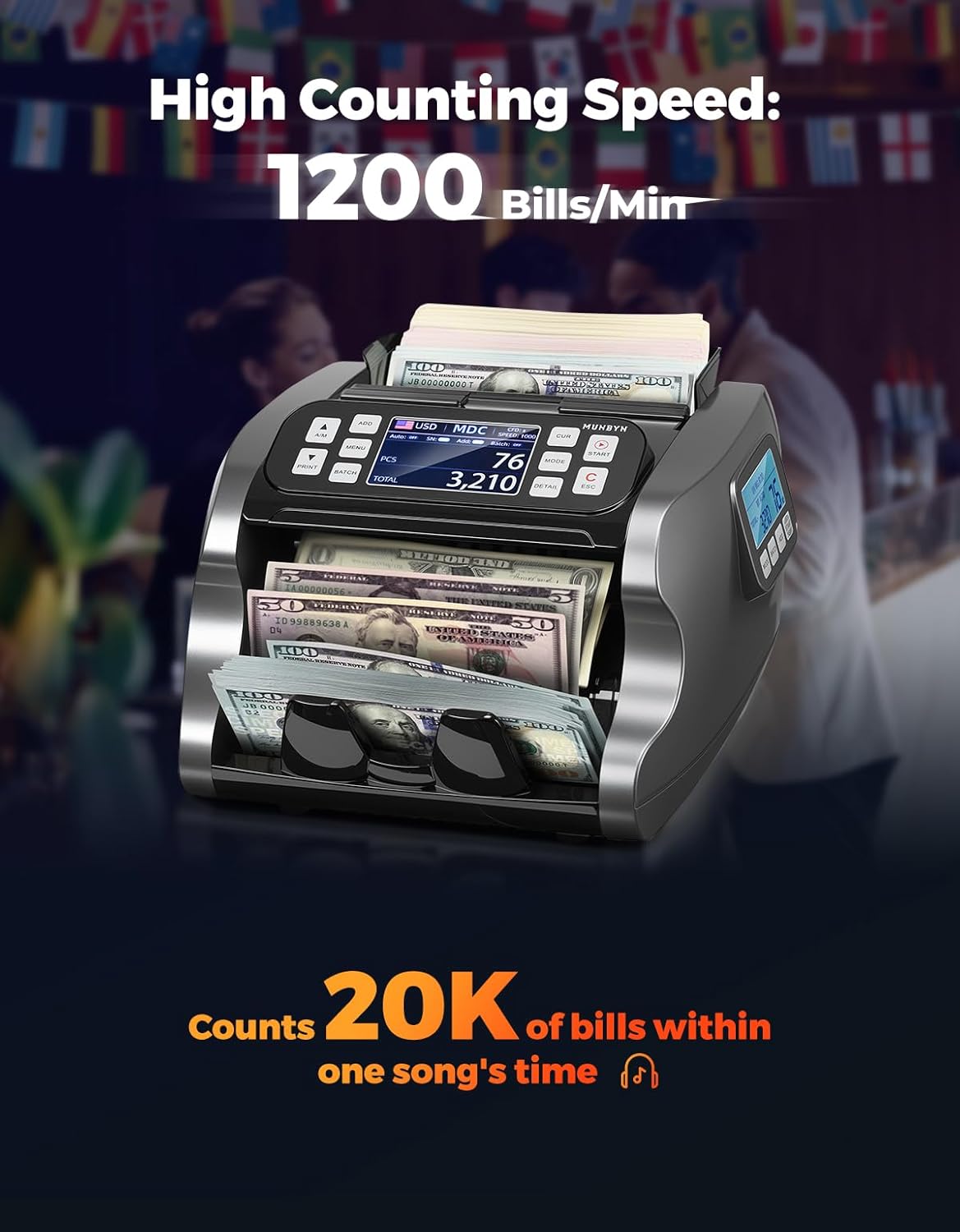 Money Counter Machine Mixed Denomination, Dual-Display, CIS/UV/IR/MG Counterfeit Detection Bill Counter, (Black)