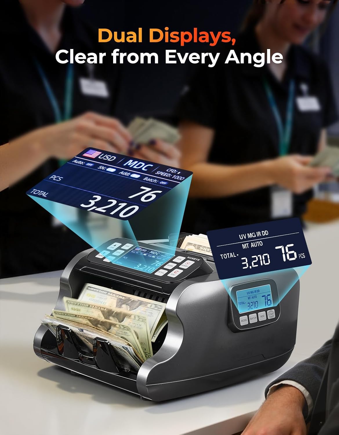 Money Counter Machine Mixed Denomination, Dual-Display, CIS/UV/IR/MG Counterfeit Detection Bill Counter, (Black)