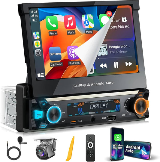 Single Din Touchscreen Radio with Wireless Carplay&Android Auto,7 inch QLED Motorized Flip Out Car Stereo