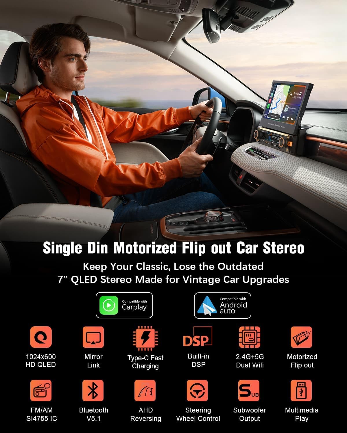 Single Din Touchscreen Radio with Wireless Carplay&Android Auto,7 inch QLED Motorized Flip Out Car Stereo