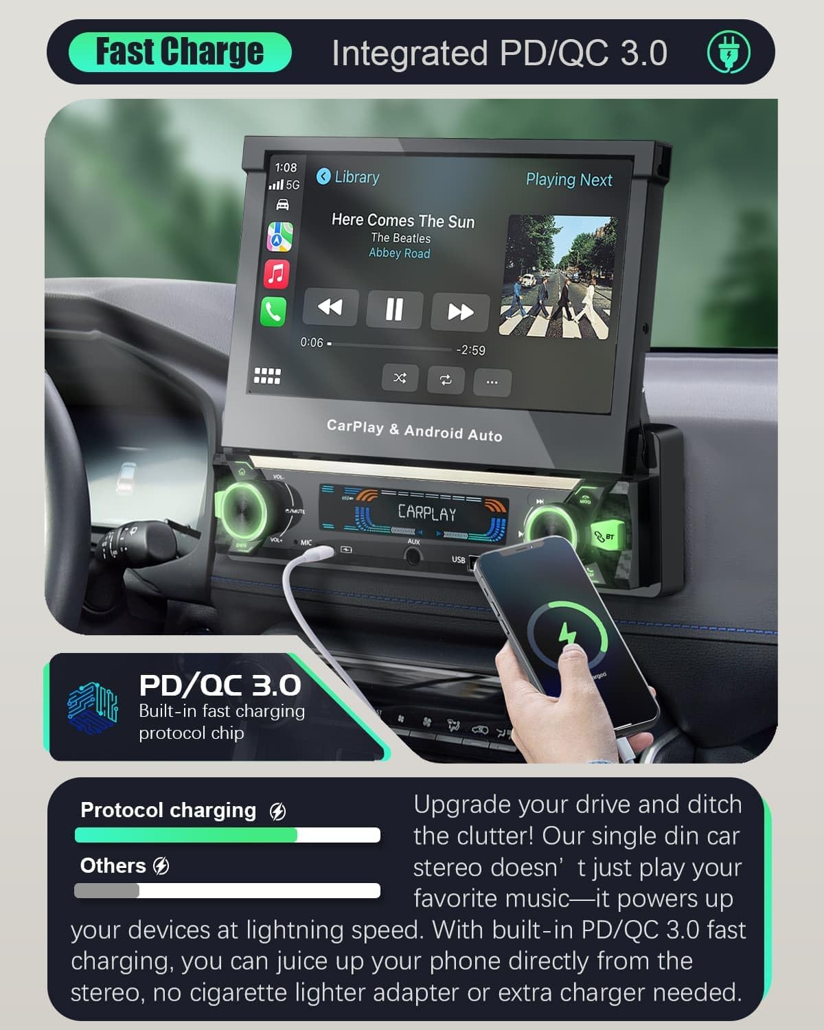 Single Din Touchscreen Radio with Wireless Carplay&Android Auto,7 inch QLED Motorized Flip Out Car Stereo