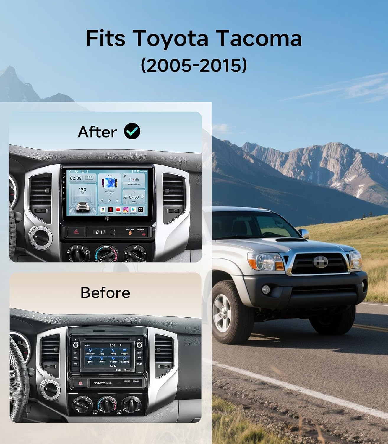 9' Car Radio Stereo for Toyota Tacoma 2005-2015 - Wireless CarPlay & Android Auto,  Touch Screen, Backup Camera