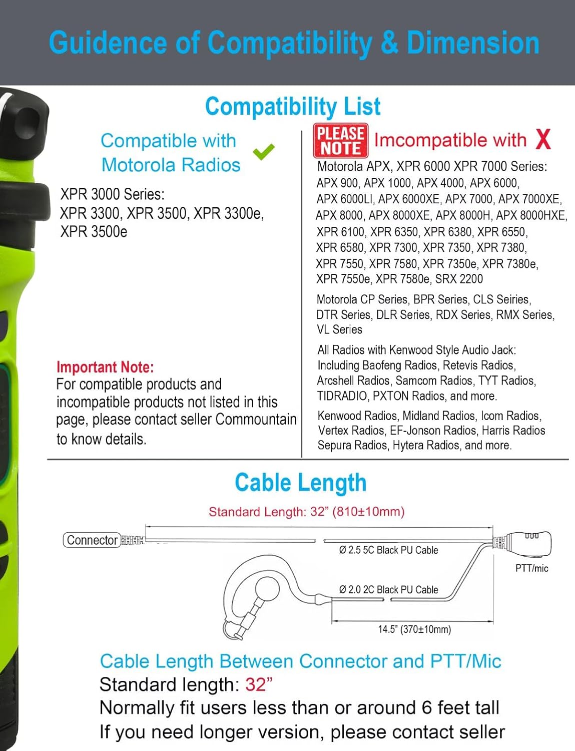 3500e XPR 3300e Earpiece with Mic Compatible for Radios, G Shape Headset with PTT Microphone, Fit Left or Right Ear