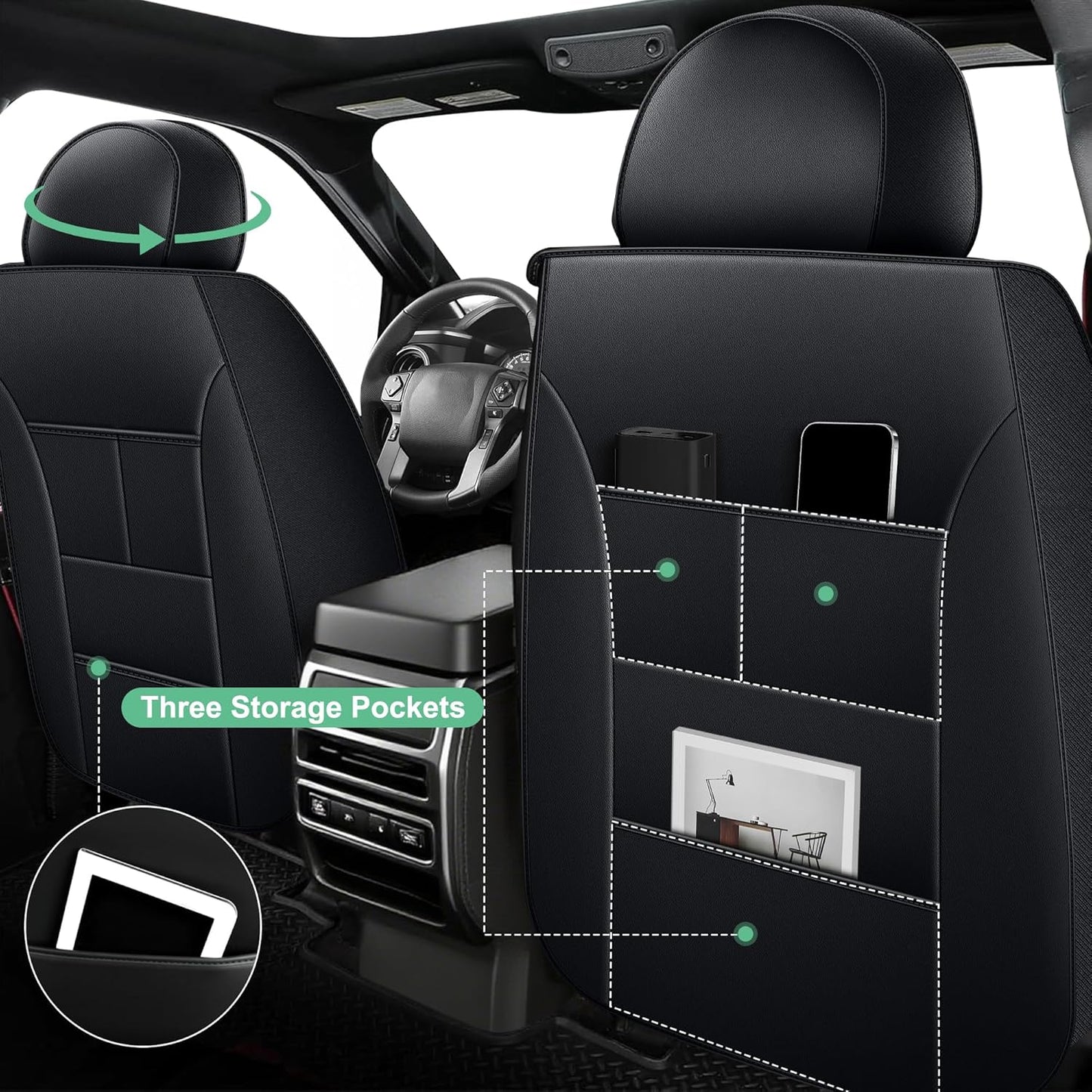 Toyota Tacoma 2024 2025 Faux Leather Seat Covers for Trucks Waterproof Car Cushion Protectors Black (Vine)