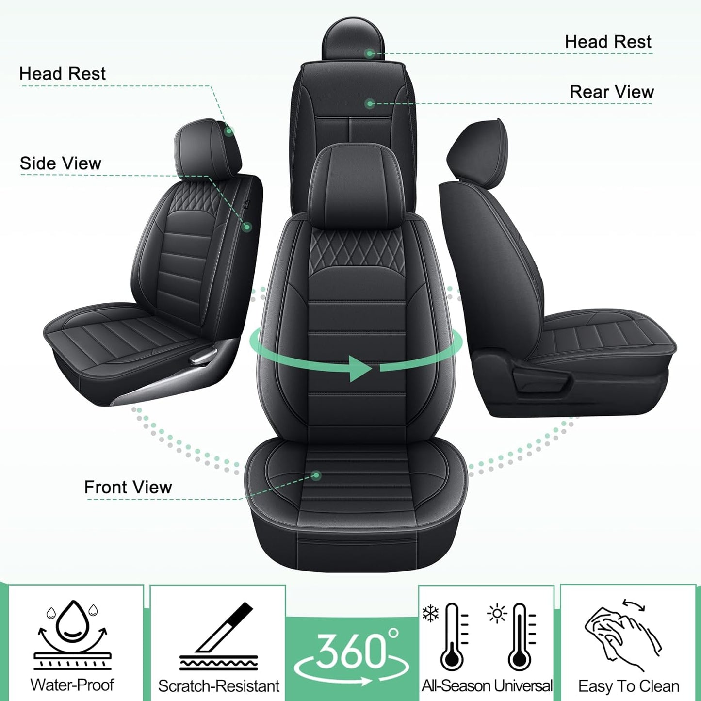 Toyota Tacoma 2024 2025 Faux Leather Seat Covers for Trucks Waterproof Car Cushion Protectors Black (Vine)