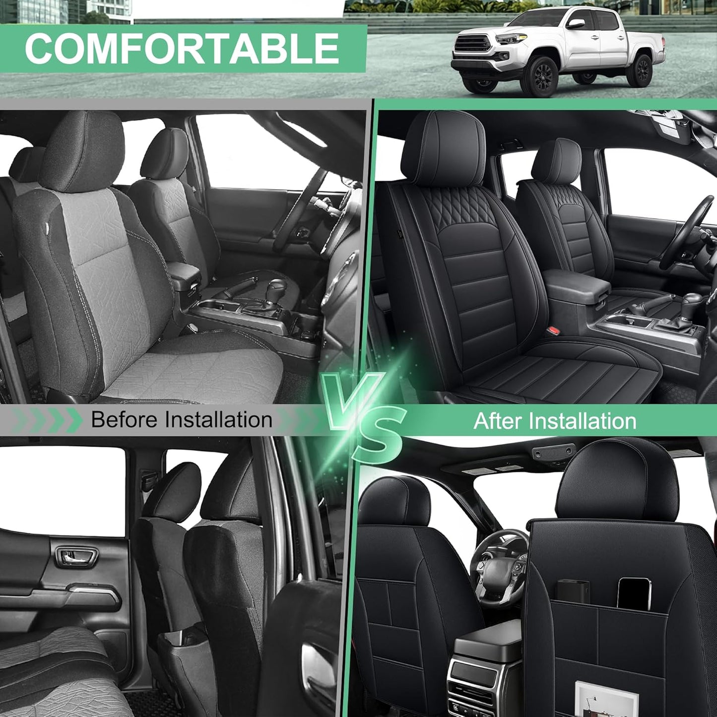 Toyota Tacoma 2024 2025 Faux Leather Seat Covers for Trucks Waterproof Car Cushion Protectors Black (Vine)