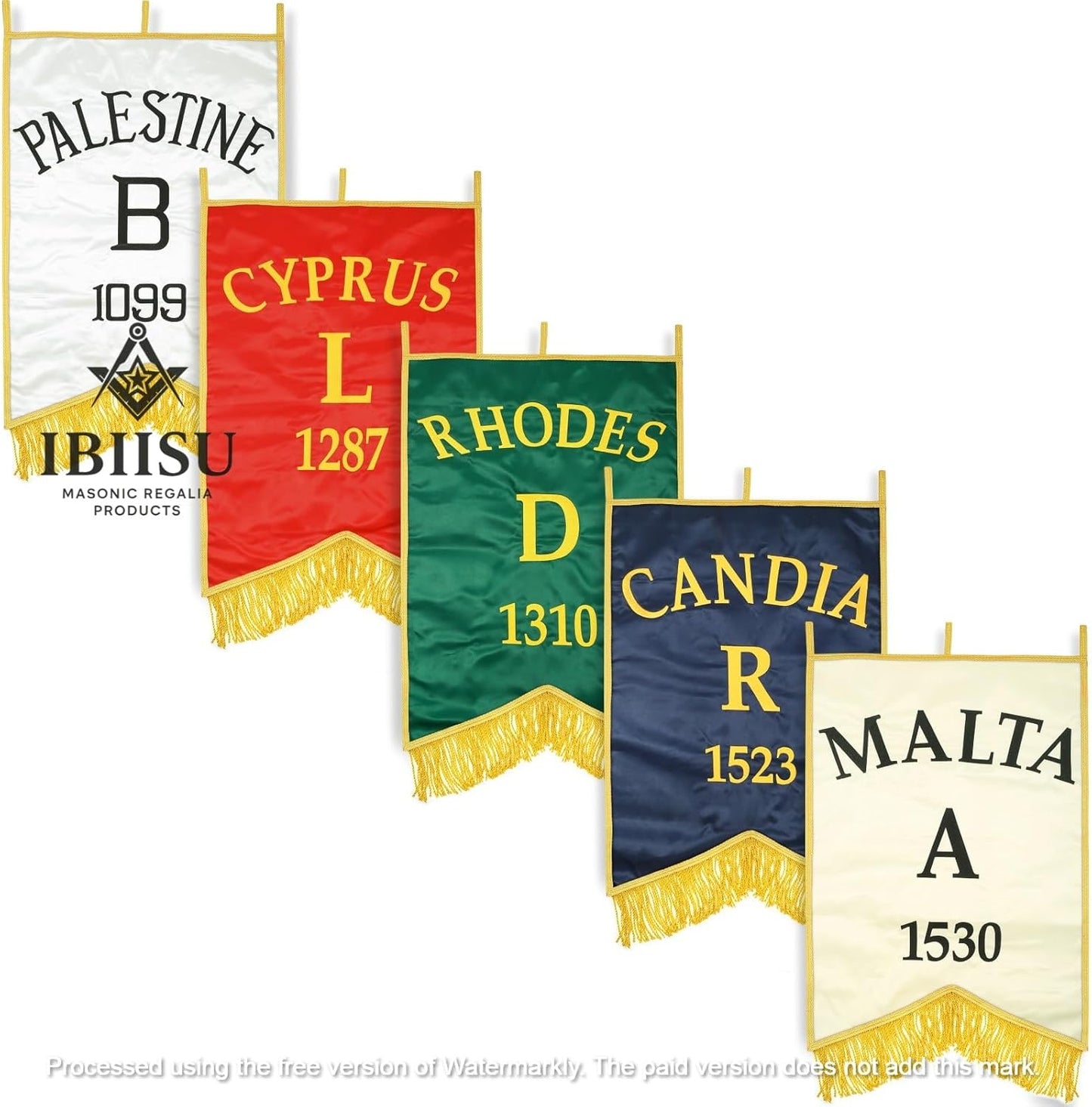 Handcrafted Set of 5 Malta Station Banners, Embroidered Lodge Flags w/ Luxurious Golden Fringe, Ceremonies