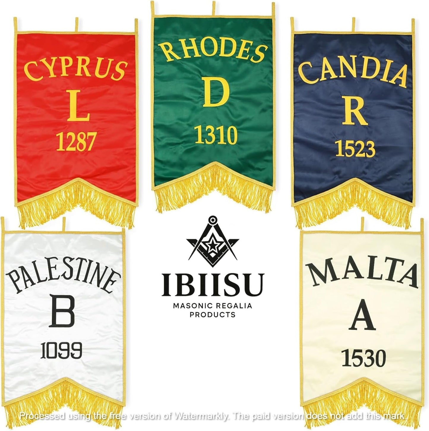 Handcrafted Set of 5 Malta Station Banners, Embroidered Lodge Flags w/ Luxurious Golden Fringe, Ceremonies