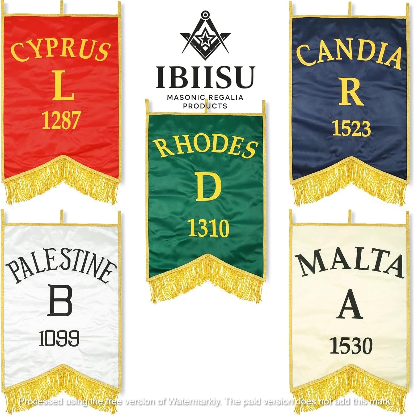 Handcrafted Set of 5 Malta Station Banners, Embroidered Lodge Flags w/ Luxurious Golden Fringe, Ceremonies