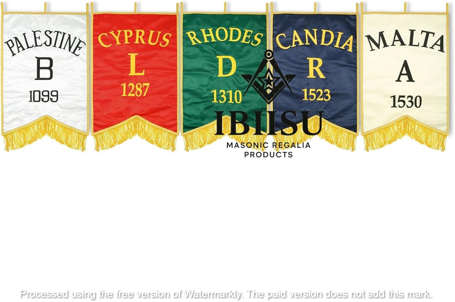 Handcrafted Set of 5 Malta Station Banners, Embroidered Lodge Flags w/ Luxurious Golden Fringe, Ceremonies
