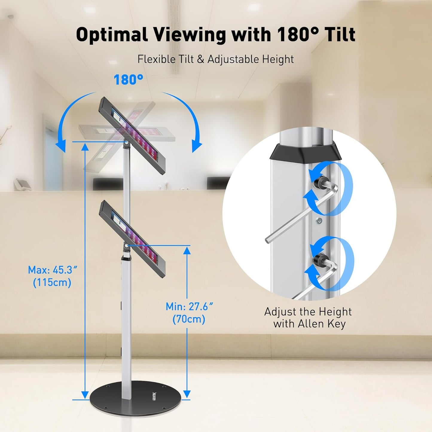Robust Security Kiosk POS Tablet Stand, Height Adjustable Tablet Floor Stand w/Lock and Key Mechanism