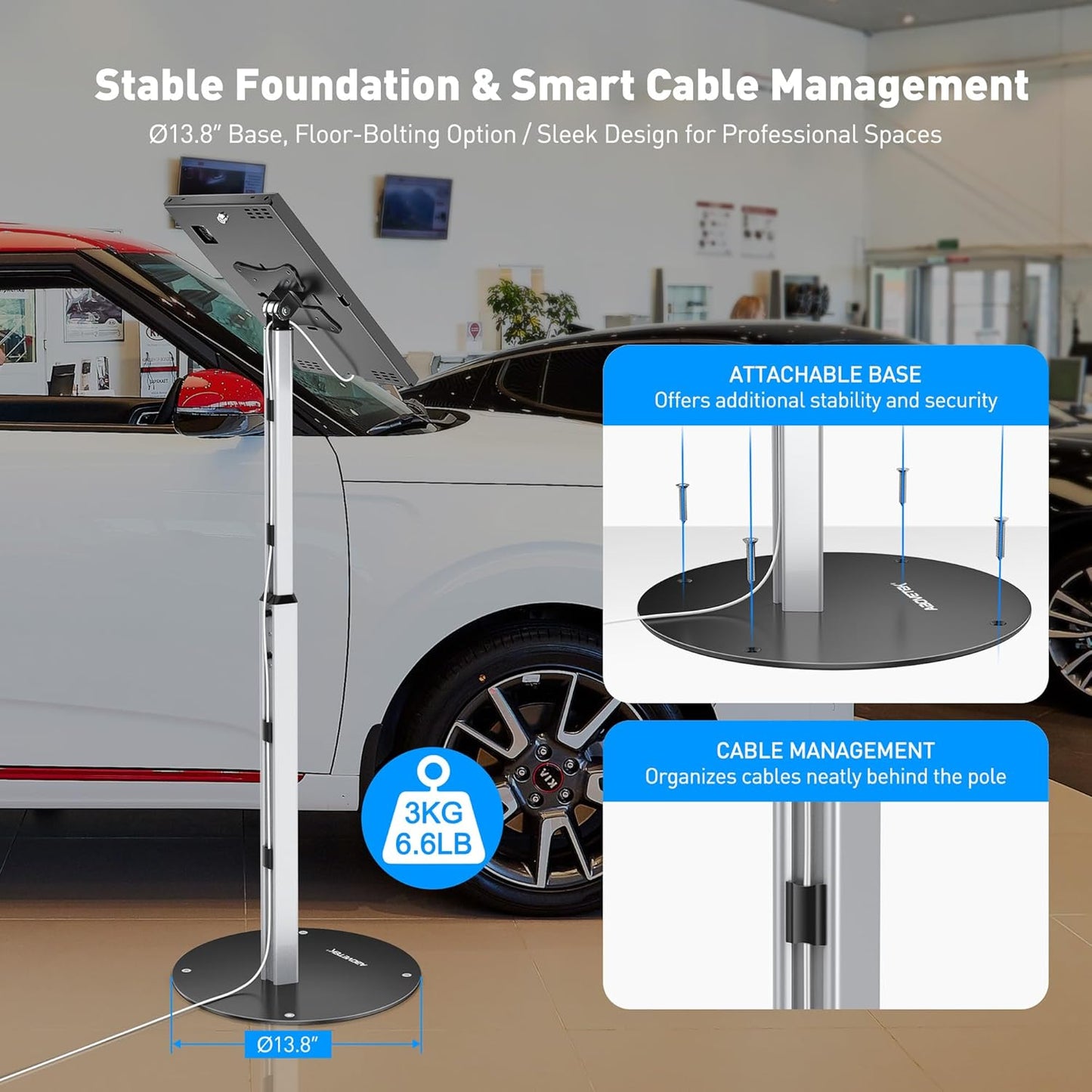 Robust Security Kiosk POS Tablet Stand, Height Adjustable Tablet Floor Stand w/Lock and Key Mechanism
