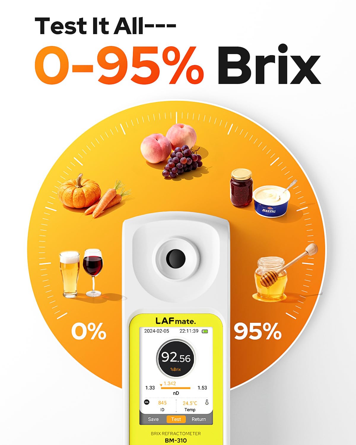 3-in-1 Digital Refractometer with ATC for Wine Making, Home Brewing, Rechargeable 0-95% Brix Meter for Coffee, Juice, Honey, Maple Syrup