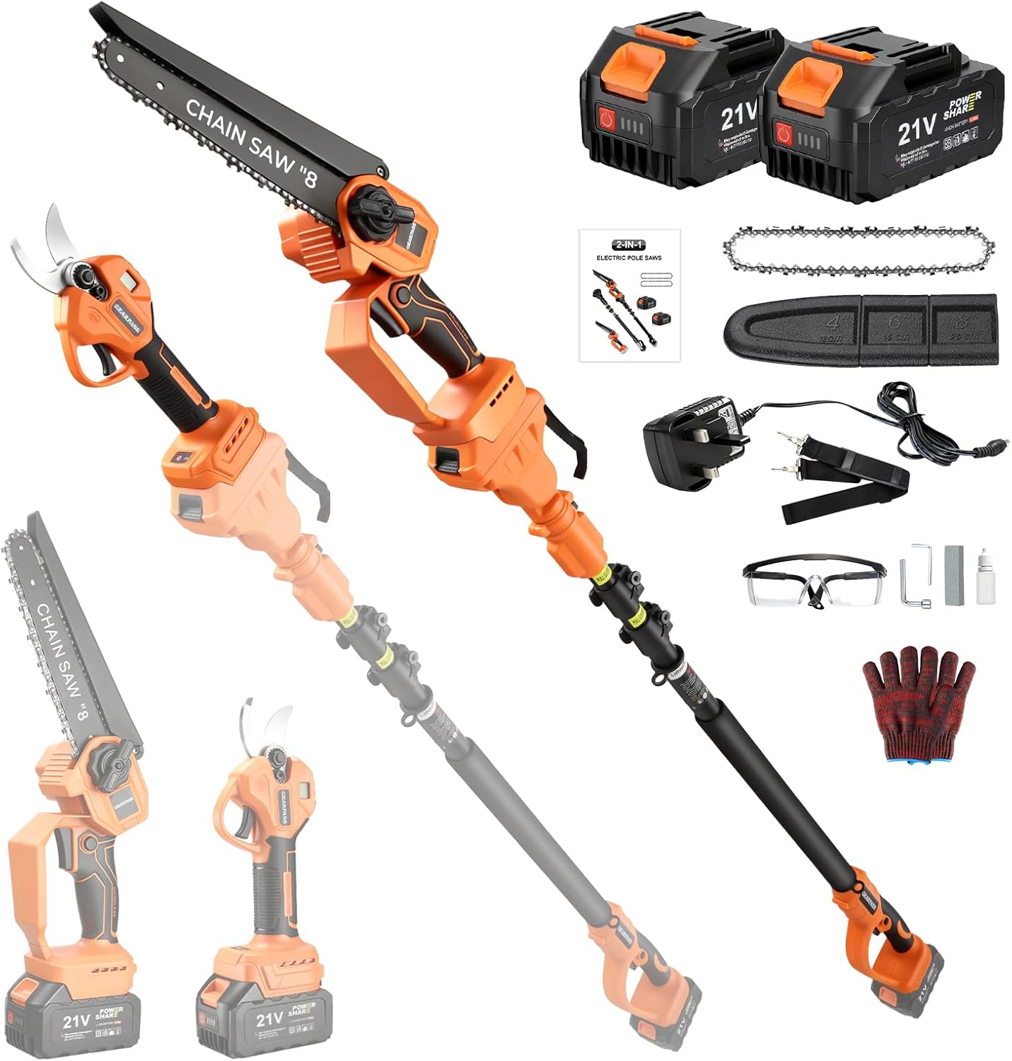 4-in-1 Cordless Electric Pole Saw, 8' Mini Chainsaw & Electric Shears, 15ft Reach Pole, 2 21V 4.0Ah Batteries