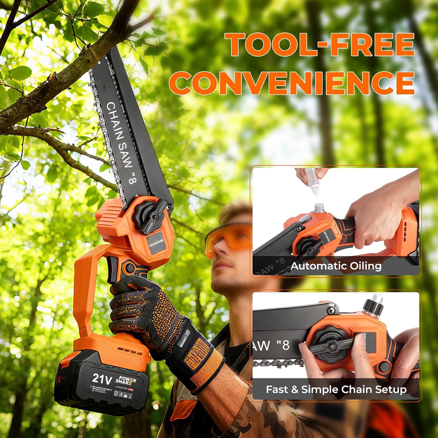 4-in-1 Cordless Electric Pole Saw, 8' Mini Chainsaw & Electric Shears, 15ft Reach Pole, 2 21V 4.0Ah Batteries