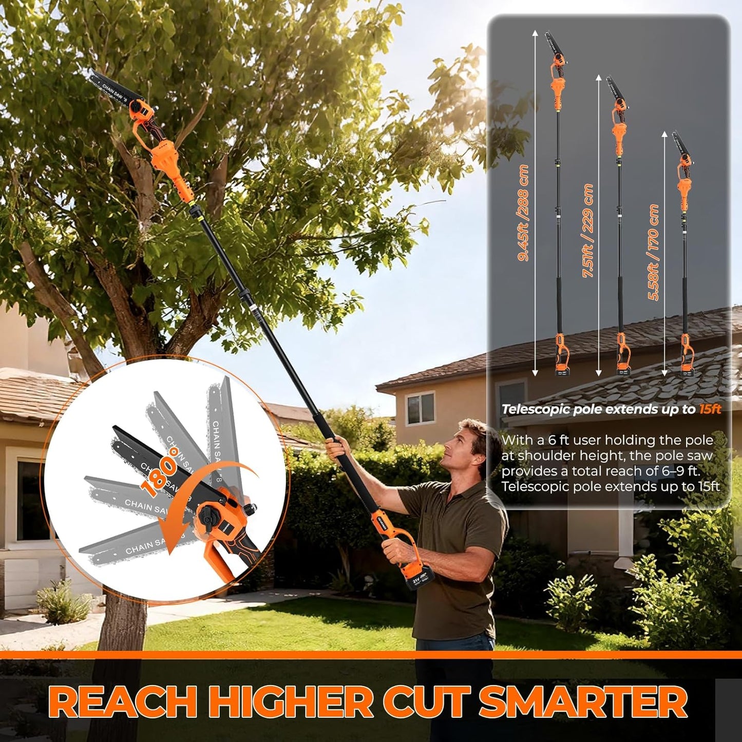 4-in-1 Cordless Electric Pole Saw, 8' Mini Chainsaw & Electric Shears, 15ft Reach Pole, 2 21V 4.0Ah Batteries