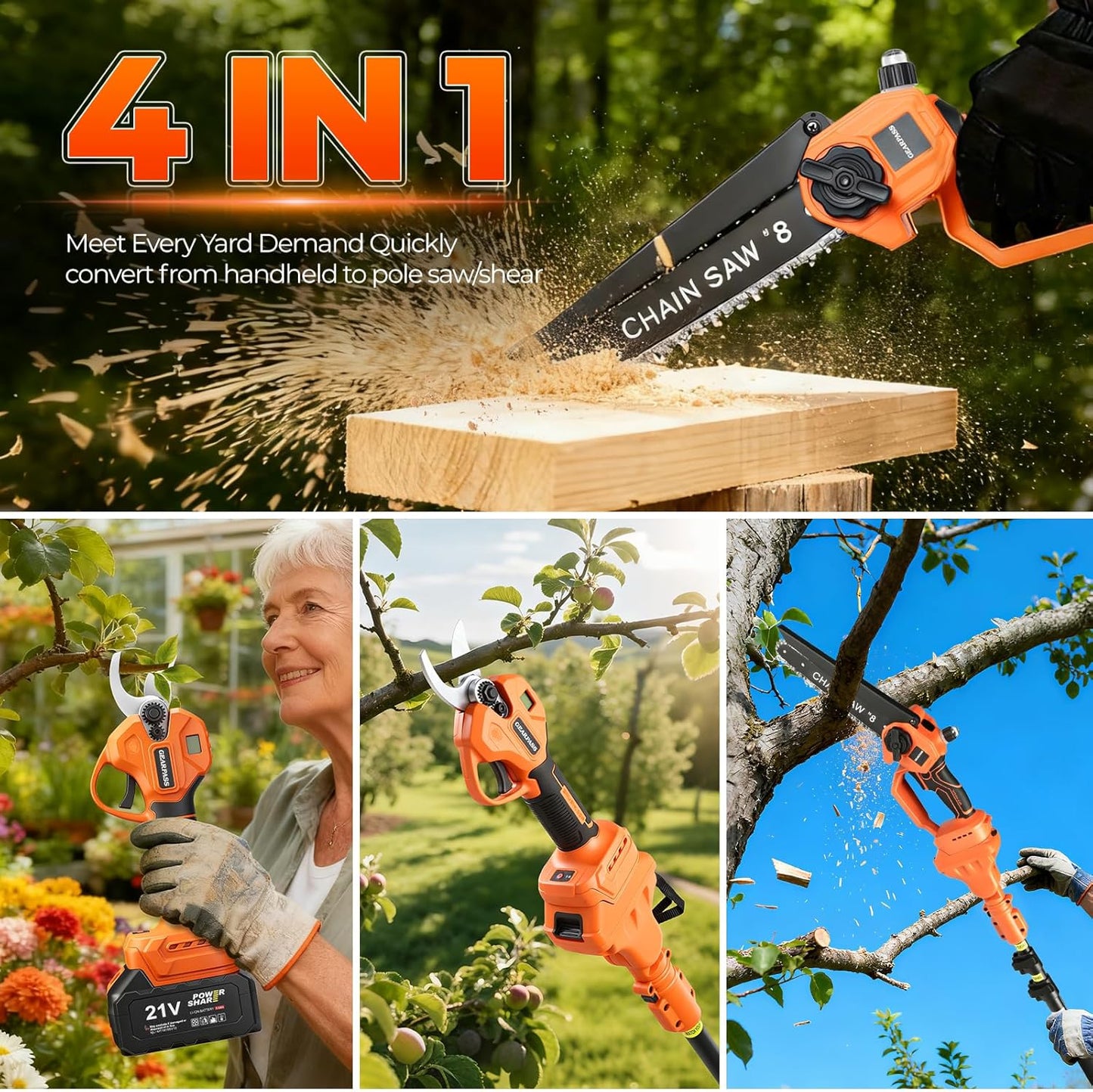 4-in-1 Cordless Electric Pole Saw, 8' Mini Chainsaw & Electric Shears, 15ft Reach Pole, 2 21V 4.0Ah Batteries
