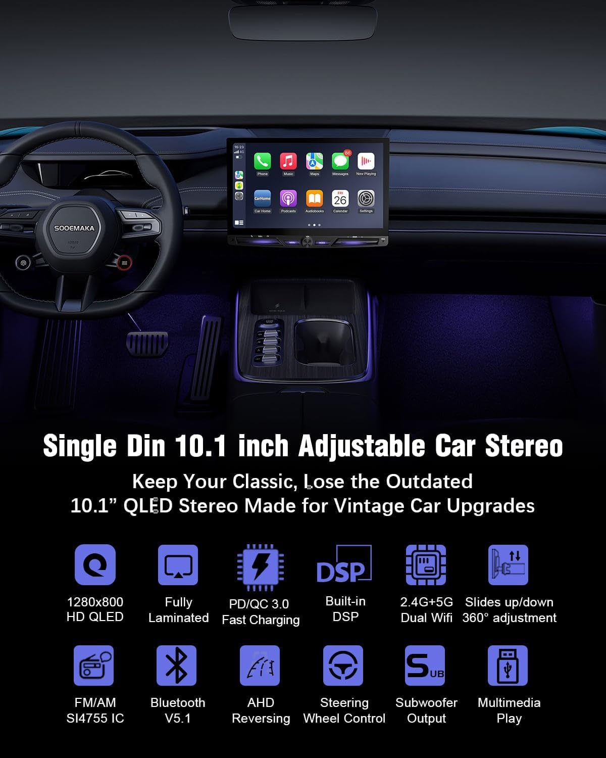 Single Din Touchscreen Radio with Wireless Apple Carplay&Android, 10 inch QLED