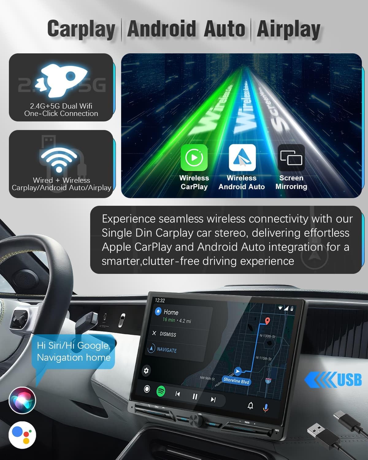 Single Din Touchscreen Radio with Wireless Apple Carplay&Android, 10 inch QLED