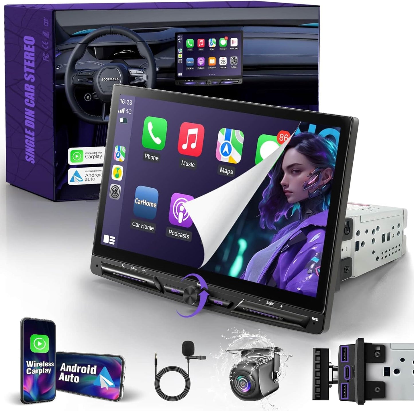 Single Din Touchscreen Radio with Wireless Apple Carplay&Android, 10 inch QLED