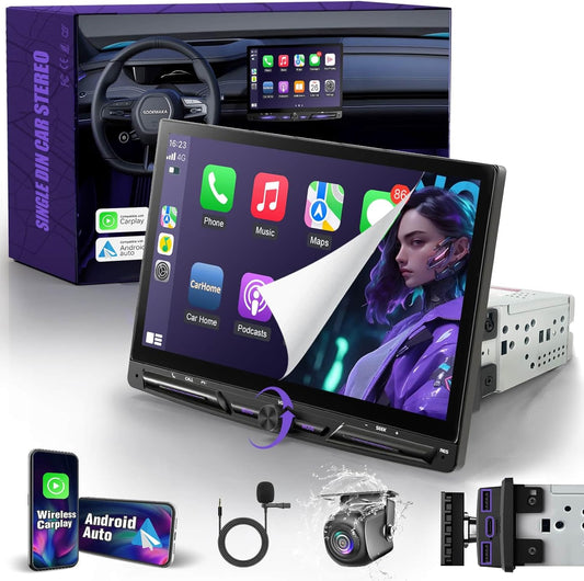Single Din Touchscreen Radio with Wireless Apple Carplay&Android, 10 inch QLED