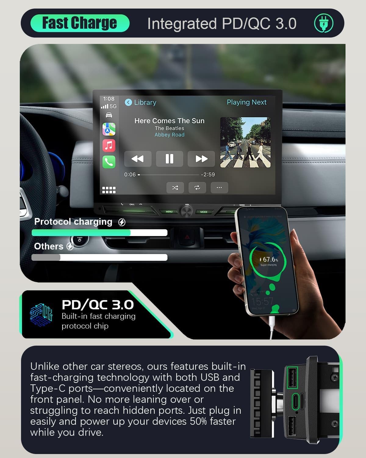 Single Din Touchscreen Radio with Wireless Apple Carplay&Android, 10 inch QLED