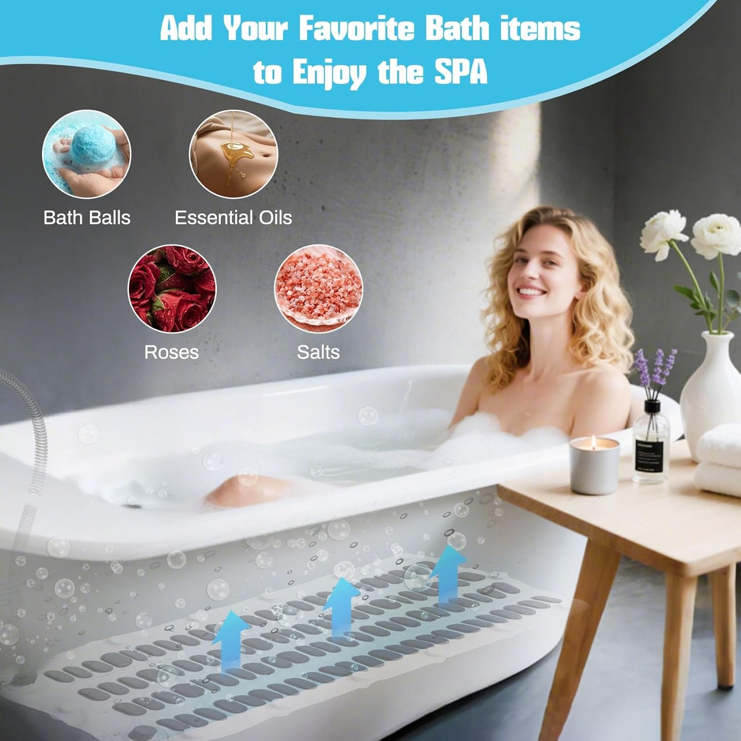 Portable Spa Bubble Bath Massager, Bubble Mat for Bathtub with Remote Control, 6-Speed Adjustable, w/ Suction Cup